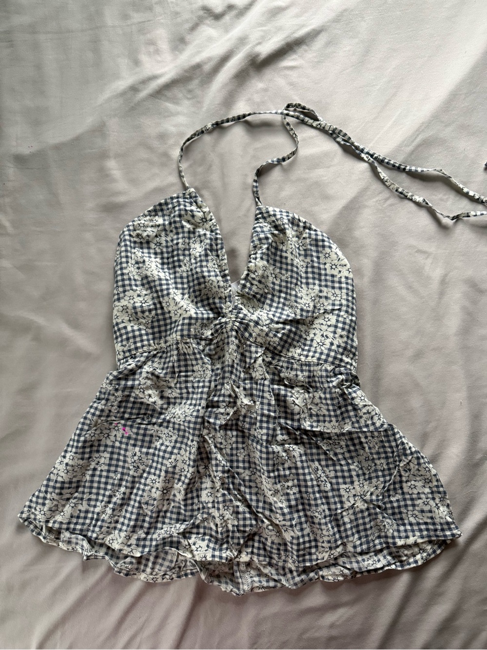 American Eagle Outfitters Navy and White Gingham Floral Halter Top